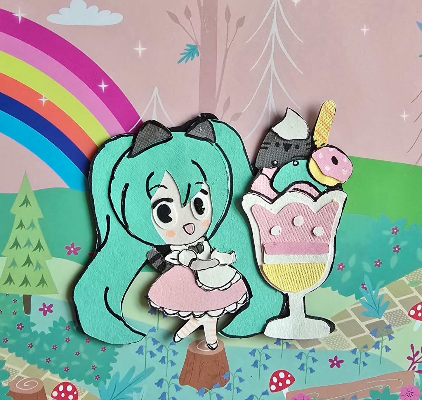Hatsune Miku x Pusheen Collaboration Paper Character | Custom Vocaloid Collectible Décor | Handmade Gifts for Fandom Lovers