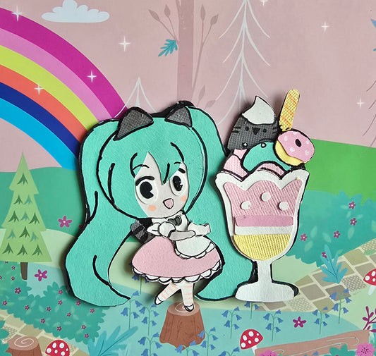 Hatsune Miku x Pusheen Collaboration Paper Character | Custom Vocaloid Collectible Décor  | Handmade Gifts for Fandom Lovers